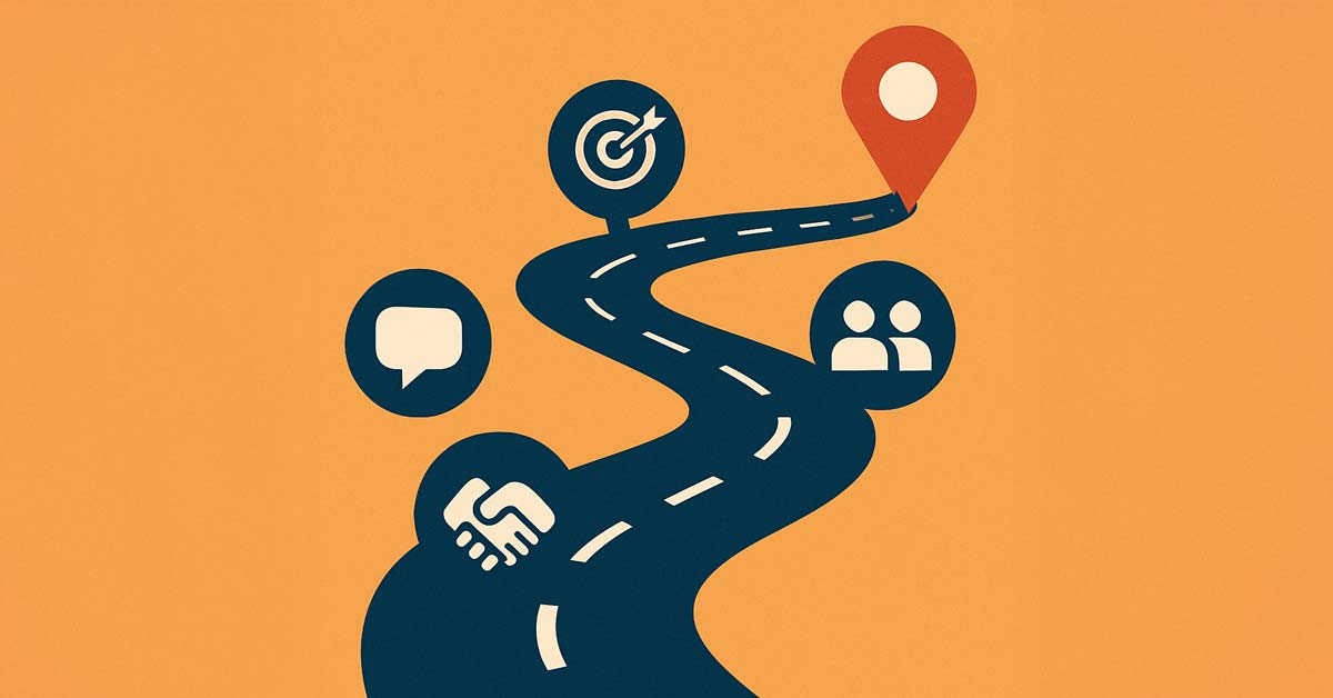 EBC roadmap illustration showing the path to business visibility, referrals, goals, and networking connections through small habits and momentum.