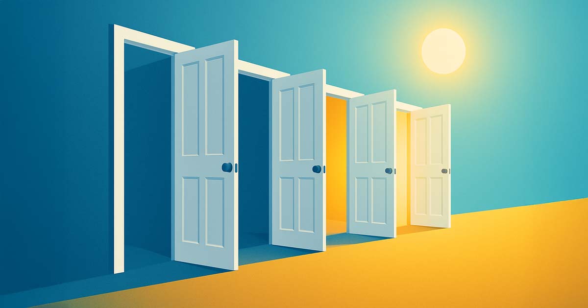 Row of open doors symbolizing new business networking opportunities and open categories for Elite Business Connections.